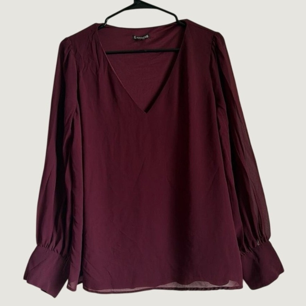 Express Womens Burgundy V-Neck Chiffon Blouse Wine Red Pleated Sleeve‎ Top S